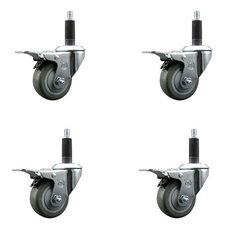 Service Caster 3'' SS Gray Poly Swivel 1'' Expanding Stem Caster Set Total Lock Brake, 4PK SCC-SSEXTTL20S314-PPUB-1-4